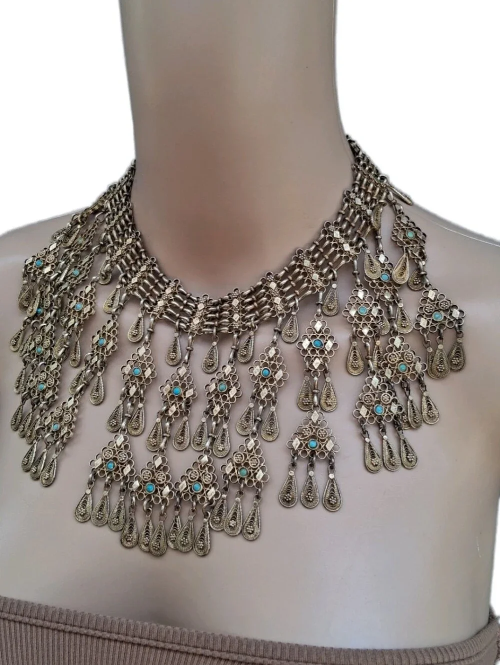 Vintage Filigree Statement Collar Necklace Faux Turquoise Tribal Festival Fringe